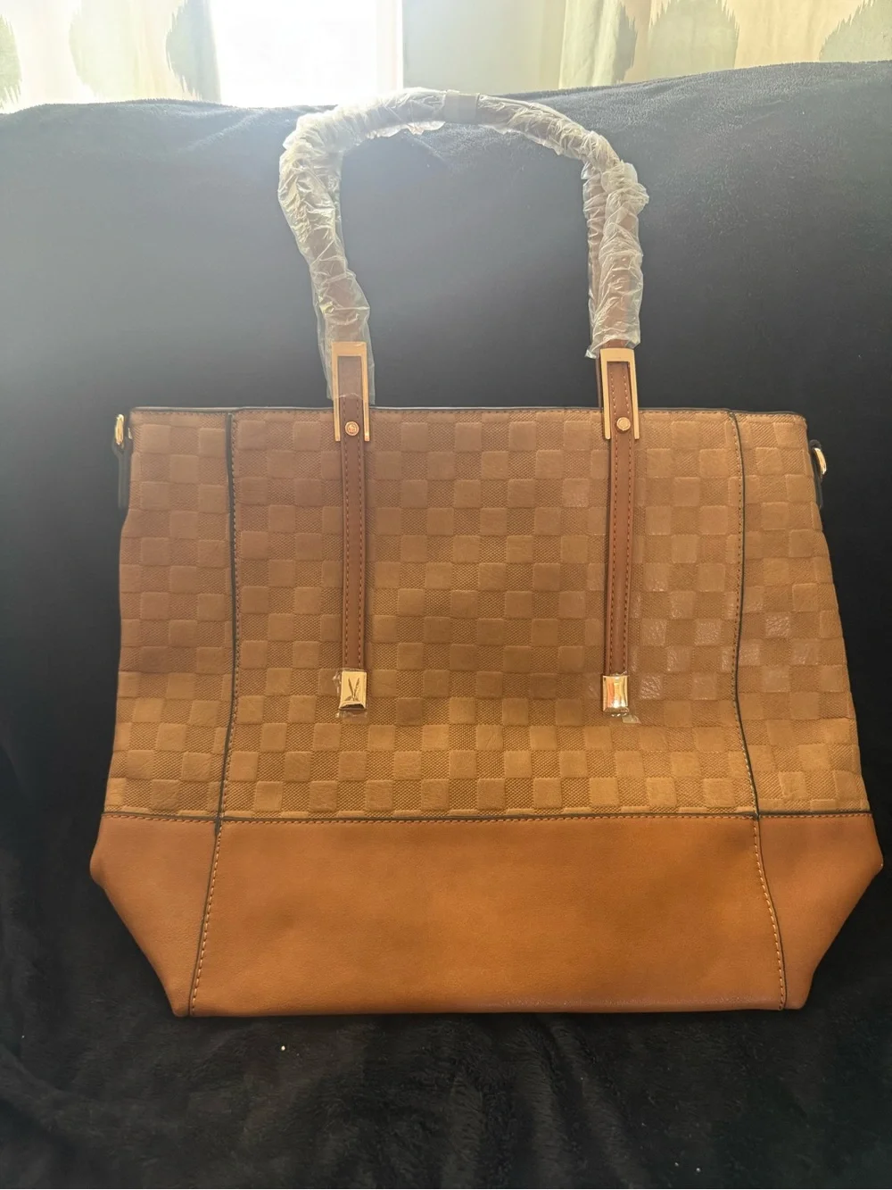 Classic Brown Checker Tote Bag - Brand Unspecified vegan leather